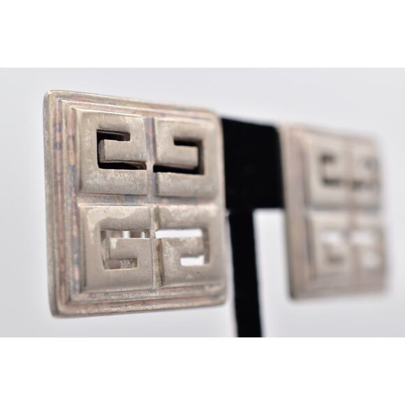 Givenchy Vintage 4G Logo Clip On Earrings Brushed Silver Chunky Signed 80s BinH - Picture 4 of 12